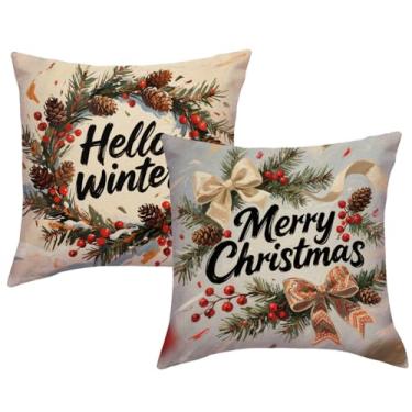 Imagem de JAERUE Capas de almofada Hello Winter com pinha, azevinho, baga, guirlanda de Natal, casa de fazenda rústica, férias sazonais, capas de almofada de feliz Natal, 45,7 x 45,7 cm, pacote com 2 para sofá