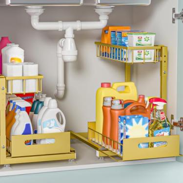 Imagem de Pacote com 2 organizadores profissionais embaixo da pia: organizador de cesta de arame removível de 2 camadas de metal premium, altura ajustável em forma de L, fácil instalação | Organizadores de