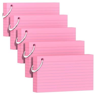Imagem de 250 cartões rosa com chaveiro, 8 x 12 cm, cartão de índice colorido (50 folhas cada), anotações duráveis e portáteis para estudantes, professores, cartões de estudo para escritório, casa, escola