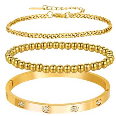 Imagem de MVCOLEDY Conjunto de pulseiras femininas banhadas a ouro 18 K, zircônia cúbica, clássica, aço inoxidável, ajustável, ouro, tênis, amor, pulseiras empilháveis para mulheres e homens, Medium, Aço