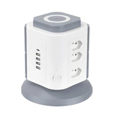 Imagem de Torre de Tomadas Branca 9 Tomadas + 4 USB + 1 Type-C Cabo Proteção Contra Sobrecarga 2 Metros