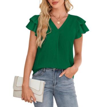Imagem de Blusa feminina SimpleFun, manga com babados, decote em V, verde, taman