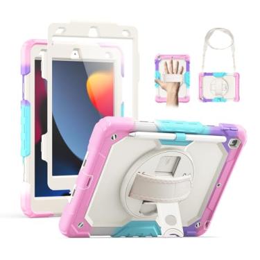 Imagem de SEYMAC Capa infantil para iPad 9ª/8ª/7ª geração, 10,2 polegadas, capa protetora resistente à prova de choque com protetor de tela, suporte giratório/alça de ombro para iPad 10.2, rosa colorido