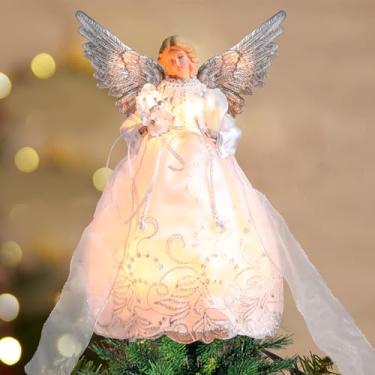 Imagem de Yinns Angels Tree Toppers Decorações de Natal, enfeite de árvore de anjo de 33 cm para enfeite de Natal, decoração de mesa interna, branco