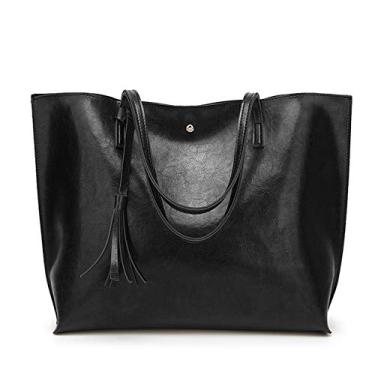 Imagem de Bigfanshu Bolsa feminina de couro macio bolsa de ombro Shopper Sacola Balde Moda, Preto, 30X36CM