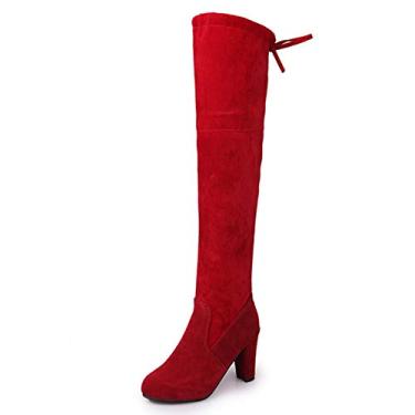 Imagem de Bigfanshu Botas femininas de camurça acima do joelho com cadarço e salto alto sexy feminino casual fino botas de cano alto, Vermelho, 41 BR