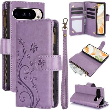 Imagem de Capa carteira para Google Pixel 9 Pro XL, couro sintético e TPU à prova de choque, 6 compartimentos para cartões/compartimento para dinheiro/bolso com zíper, fecho magnético, alça de pulso removível