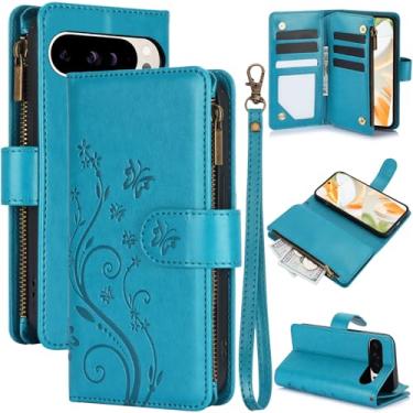 Imagem de Capa carteira para Google Pixel 9 Pro XL, couro sintético e TPU à prova de choque, 6 compartimentos para cartões/compartimento para dinheiro/bolso com zíper, fecho magnético, alça de pulso removível