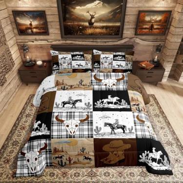 Imagem de Erosebridal Jogo de cama King Boho com caveira, cavalo, touro, caubói ocidental, para crianças, meninos e adultos, edredom de patchwork geométrico exótico, colcha rústica de fazenda do sudoeste