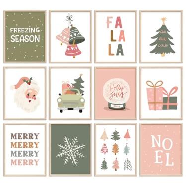 Imagem de FYSUIMU 12 peças de arte de parede boho de Natal, decoração de parede, rosa, verde, árvore de Natal, Papai Noel, floco de neve, pôster de arte para galeria de inverno, sala de estar, quarto (sem