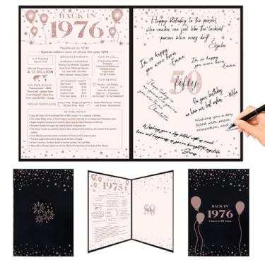 Imagem de Crenics Decorações de aniversário de 50 anos para mulheres, pôster preto rosa Back in 1976, livro de assinatura de convidado de 50º aniversário, incríveis presentes de aniversário de 50 anos