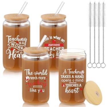 Imagem de Zubebe 4 peças presentes de professores de 473 ml para mulheres presentes de agradecimento de professores fofos copo de café copos de cerveja com tampas de bambu canudos de vidro escovas de limpeza