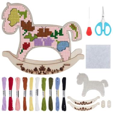 Imagem de FREEBLOSS Conjunto de 4 kits de ponto cruz de madeira, cavalo de balanço, rosa, 3D, decoração de ponto cruz, kits de ponto cruz para iniciantes, kit de ponto cruz com contagem de madeira, kit de