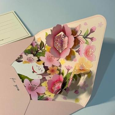 Imagem de Cartão de felicitações flores gato pop up cartões comemorativos 3D para compartilhar calor e felicidade vale-presente suprimentos de festa