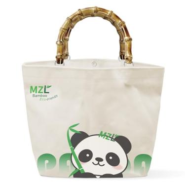 Imagem de MZLBAMBOO-Bolsa para mulheres, bolsa de mão e bolsa de ombro, bolsas de lona ecológicas, alça de bambu, estampa de panda, Bege, 13.8"L×4.7"W×13"H
