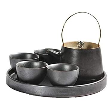 Imagem de Conjunto de chá, conjunto de bule de chá, conjunto de chá de cerâmica estilo japonês, bule de chá com alça de bandeja e conjunto de xícaras de chá, serviço para 4 adultos, conjunto de chávenas de chá