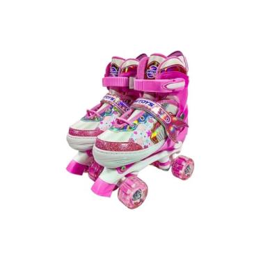 Imagem de Patins Infantil Sereia, Rosa, 4 Rodas com LED, Ajustável 30-33, Interior Acolchoado, Trava de Segurança, para Crianças +3 Anos, Capacidade 60kg
