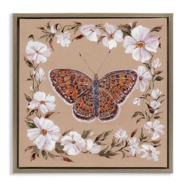 Imagem de Stupell Industries Arte de parede em tela flutuante marrom vintage borboleta com borda de flor, design por Cady Driver, 45,7 x 45,7 cm