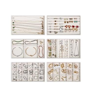 Imagem de Teppdfann Bandejas organizadoras de joias empilháveis com divisórias removíveis, conjunto organizador de gaveta de joias bege com 6 bandejas para brincos, colares, anéis e pulseiras, presente para ela