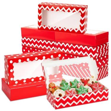 Imagem de TecUnite 24 caixas de biscoito de Natal com janela a granel 32 cm x 14 cm x 6,3 cm caixa de padaria para festas de fim de ano recipientes de doces de bolinhas vermelhas e brancas para comida, brownies