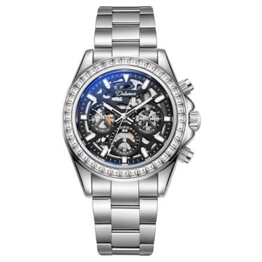 Imagem de Relógio de pulso masculino Dulunwe, corda automática mecânica, design multifuncional com bisel de cristal de 40 mm, pulseira de aço inoxidável com exibição de dia, mês e 24 horas, resistente à água