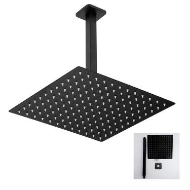 Imagem de Chuveiro Ducha 20x20 Inox Teto Preto Fosco Quadrado Suporte