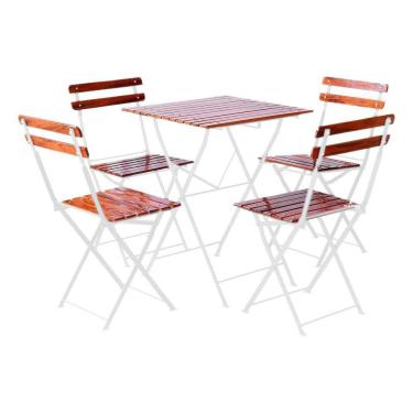 Imagem de Conjunto Mesa Dobrável 60x60 Cm Com 4 Cadeiras Ferro E Madeira Maciça Envernizada - Branca