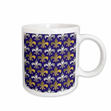 Imagem de 3dRose Caneca de cerâmica dourada e prata com estampa flor-de-lis azul royal fundo roxo, 425 g, vermelha