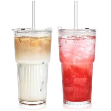 Imagem de ALINK Copos de vidro de 590 ml com tampas e canudos, conjunto de 2 copos de bebida com design canelado elegante para xícaras de café gelado, suco, vitaminas, bebidas frias, inclui escova de limpeza
