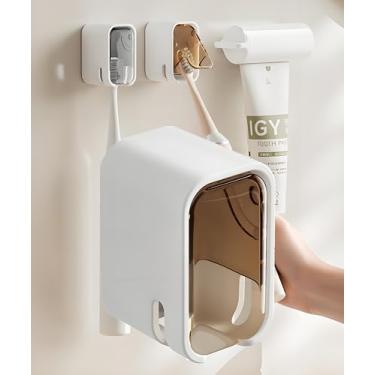 Imagem de Suporte de escova de dentes autoadesivo para banheiro - Suporte de escova de dentes elétrico montado na parede com tampa para chuveiro, compartimento único à prova de poeira dispensador de escova de