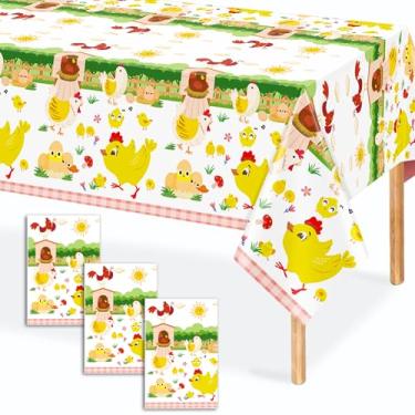 Imagem de Toalha de mesa para festa de galinha, decoração de festa de frango, 3 peças de capas de mesa de aniversário de frango, toalhas de mesa com tema de pintinho de fazenda para chá de bebê