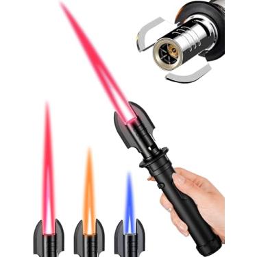 Imagem de Isqueiro de tocha, isqueiro recarregável a jato de butano com chama ajustável e trava de segurança, tocha a gás à prova de vento para acampamento, churrasco, lareira, velas, cozinhar, fogos de