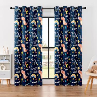 Imagem de BOHOMOCASA Cortinas blackout 100% para crianças - adorável estampa de dinossauro e unicórnio, 2 painéis, cada L 132 x C 213 cm, cortinas com isolamento térmico para berçário, quarto, sala de jogos