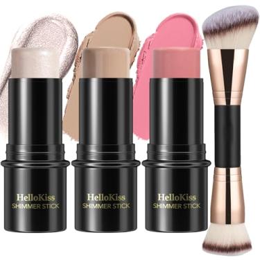 Imagem de Kit de maquiagem em bastão de contorno creme, tons com bastão de iluminador, bastão de blush e bastão de contorno de bronzeador para esculpir as bochechas, à prova d'água, acabamento fosco e orvalhado