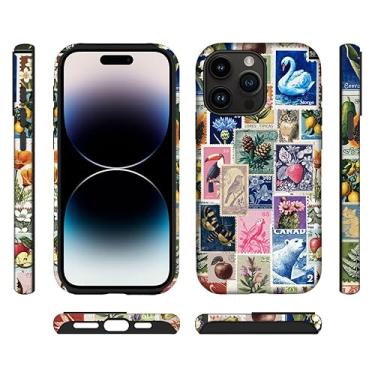 Imagem de ilikediy Capa híbrida para iPhone 14 Pro com 2 camadas rígidas de silicone com estampa protetora - colagem de carimbo retrô