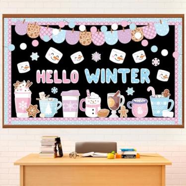 Imagem de Funrous Conjunto de quadro de avisos de inverno, 79 peças, cacau quente, decoração de sala de aula, decoração de quadro de avisos, Natal, floco de neve, recortes de papel latte para festas de fim de