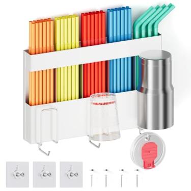 Imagem de Suporte de canudo de metal magnético para portas de armário, organizadores reutilizáveis de copos e canudo para armário, armazenamento de canudos com ganchos adesivos, para geladeiras, cafeteiras