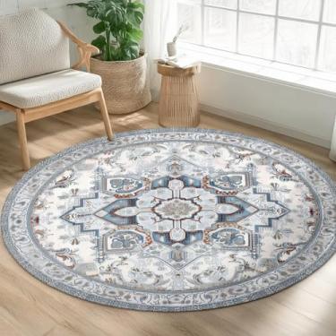 Imagem de Tapete redondo floral vintage, 1,2 m, lavável na máquina, oriental, neutro, creme, branco, azul, marfim redondo, antiderrapante, boho, pêlo baixo, tapete para sala de estar, quarto, cozinha, jantar