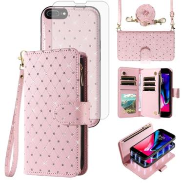 Imagem de Compatível com iPhone 7 Plus, 8 Plus, 7/8 Plus, capa tipo carteira com zíper, protetor de tela para celular, alça transversal com glitter, capa flip para celular i Phone7s 7s + 7+ 8s 8+ Phones8 7p 8p
