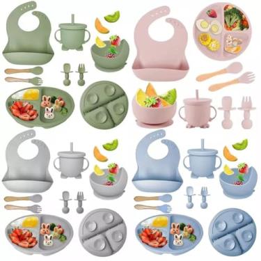 Imagem de Conjunto de Alimentação para Bebê em Silicone, 8 Peças, Prato com Ventosa 3 Compartimentos, Tigela, Babador, Talheres, Seguro para Lava-Louças e Micro-ondas, cores aleatorias.