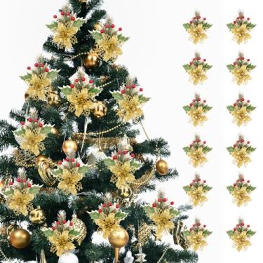 Imagem de Conjunto de 12 enfeites de Natal em forma de poinsétia da AQWS,Flores Artificiais Decorativas,Decoração de Natal,Flores Artificiais de Natal com Clipes para Decoração Floral de guirlanda(ouro)