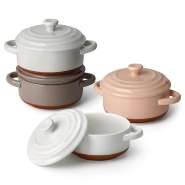 Imagem de MALACASA Conjunto de mini cocotte – Caçarola pequena de 350 ml para forno com tampas e alças, seguro para forno de ramequins, mini forno holandês de cerâmica, conjunto de 4 microondas e lava-louças