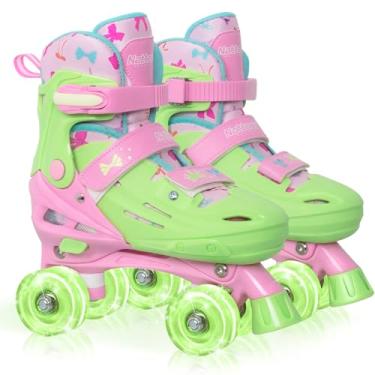 Imagem de Nattork Patins infantis para meninas, laço e coroa quadriciclos para crianças pequenas de 4 5 6 7 anos, tamanho ajustável com rodas iluminadas - presente de aniversário para esportes internos e