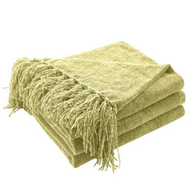Imagem de CozeCube Cobertor de chenille para sofá, cobertor aconchegante felpudo decorativo verde sálvia com franjas, mantas leves para cama, sofá, presente, decoração de casa, 152 cm x 203 cm