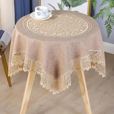 Imagem de Huierxun Toalha de mesa quadrada pequena de renda bordada vazada com renda para mesas quadradas/redondas 89 x 89 cm toalha de mesa de fazenda macramê decoração vintage capa de mesa para cozinha (café