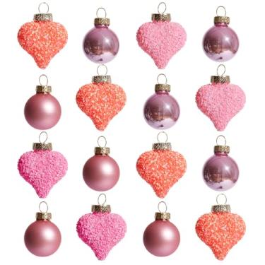Imagem de WDS WONDROUS Conjunto de 16 peças de enfeites de coração e bola, decoração de árvore de Natal laranja rosa brilhante com acabamentos mistos para decoração de festa de casamento no dia dos namorados