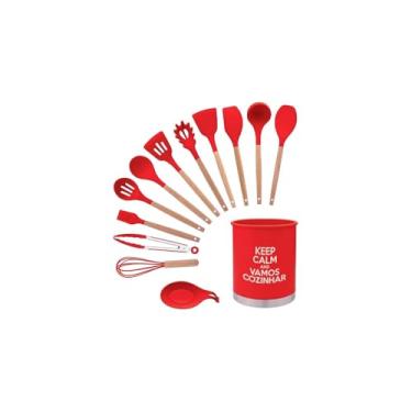 Imagem de Kit Utensílios de Cozinha, 13 Peças, Silicone e Aço Inox, Cabo em Madeira, Preto, Resistente a Altas Temperaturas, com Suporte
