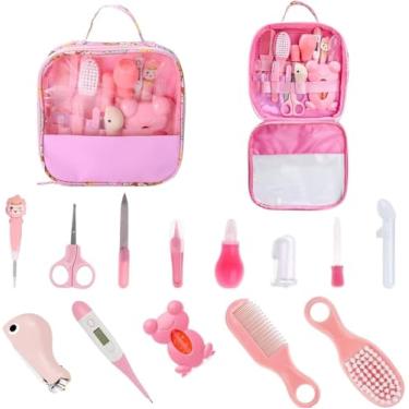 Imagem de Kit de Cuidados para Bebê, Rosa, 13 Peças com Estojo Organizador, Inclui Termômetro, Cortador de Unhas, Tesoura, Pente, Escova