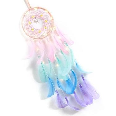Imagem de Naroote Apanhador de Sonhos, Penas Coloridas, Tecido à Mão, Pendurado na Parede Com Luz para Decoração de Quarto de Casa, Contas, Corda, Bateria Incluída para Adultos, Crianças, Rosa