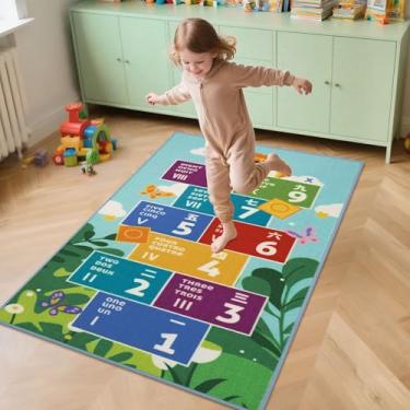 Imagem de BEQHAUSE Hopscotch Tapete de jogo 81 cm x 152 cm, tapete infantil para aprendizado de números, antiderrapante, lavável, tapete de brinquedo para quarto de crianças, quarto, sala de jogos, berçário